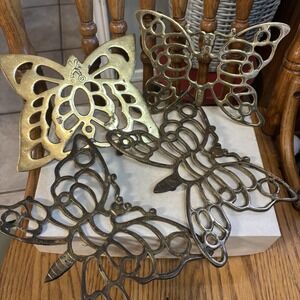 Vintage Patinated Four Brass Butterflies, Trivets Wall Hangings Made In Taiwan